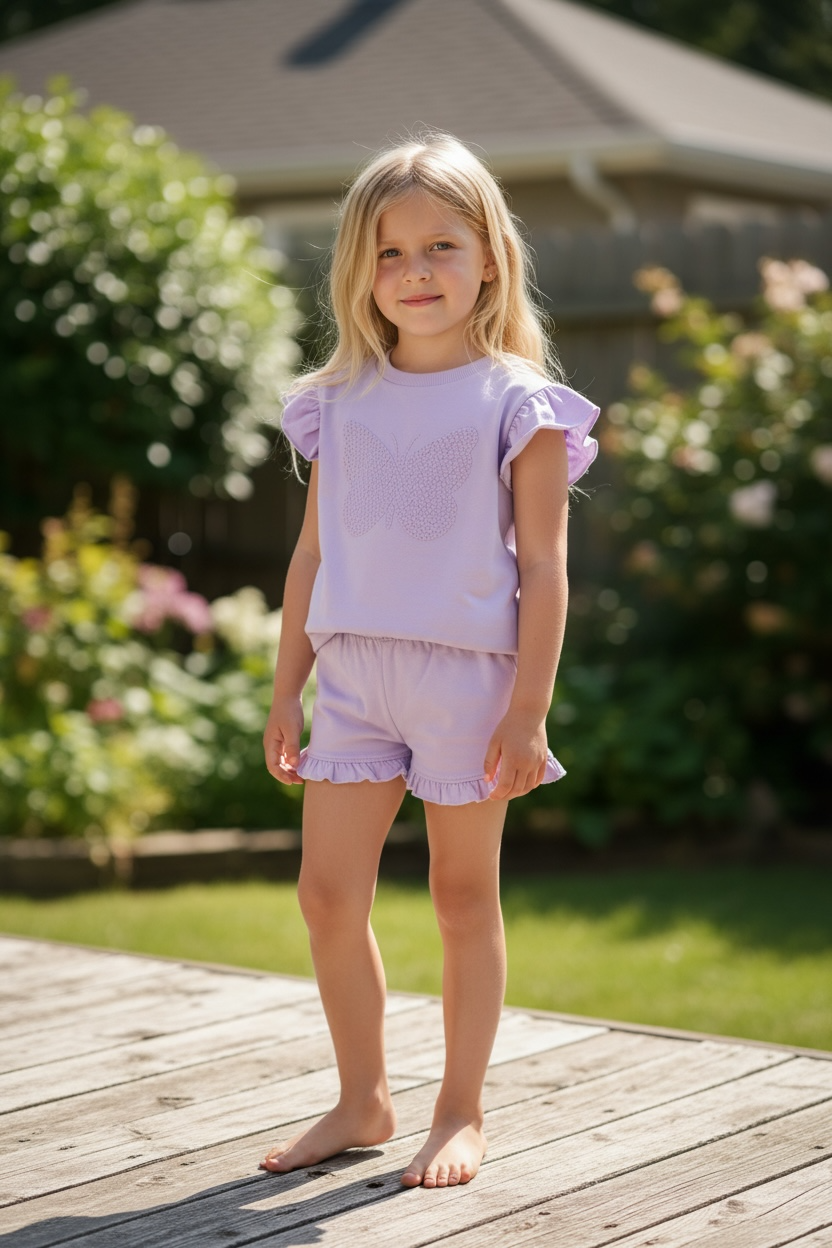 Conjunto 2 Piezas Niña Bearpaw Lila con Mariposa (Blusa + Short) Talla 7/8