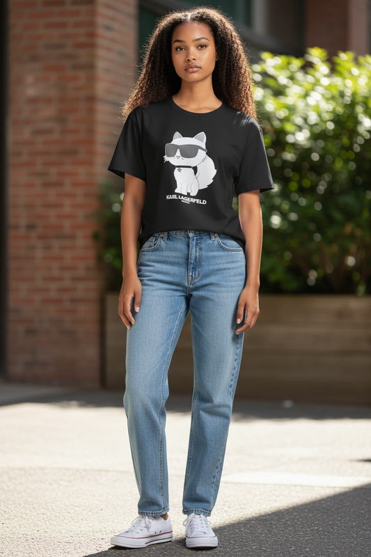Camiseta Karl Lagerfeld negra para mujer con diseño del gato Choupette