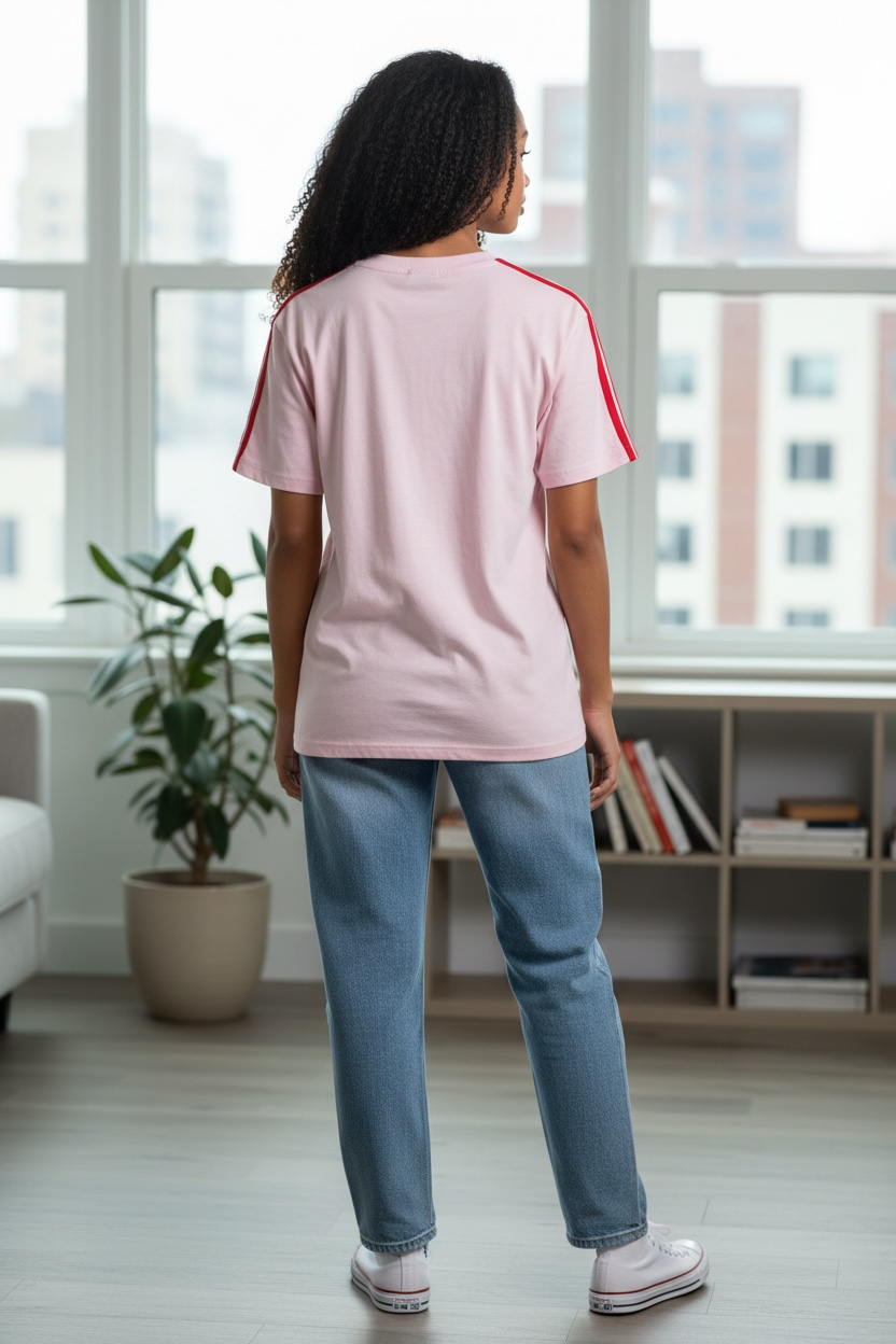 Camiseta Adidas Mujer Rosa con Franjas Rojas – Estilo Deportivo Casual