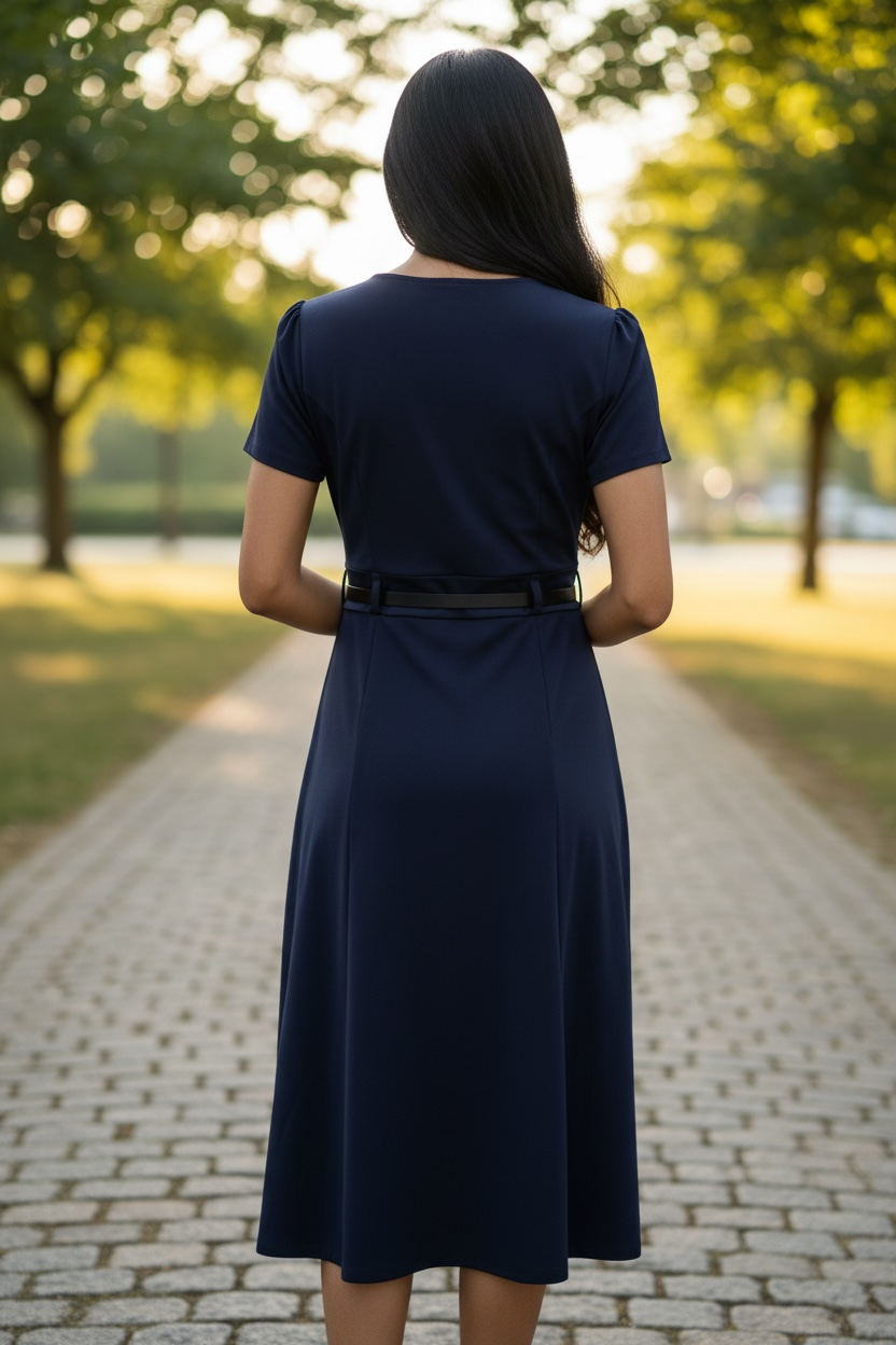 Vestido Calvin Klein Azul Marino con Cinturón Delgado para Mujer – Talla 10