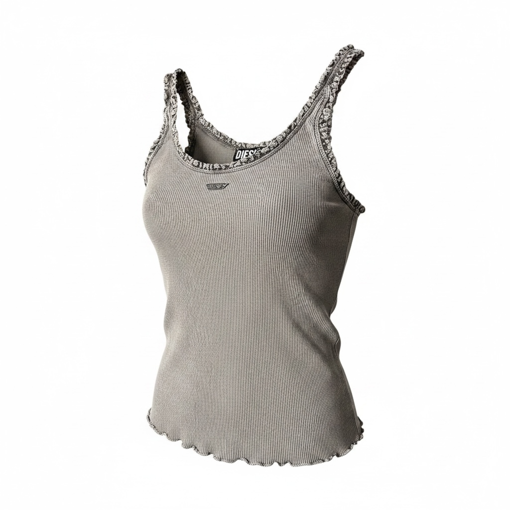 Top Crop Diesel de Canalé con Logo Metálico – Azul y Gris