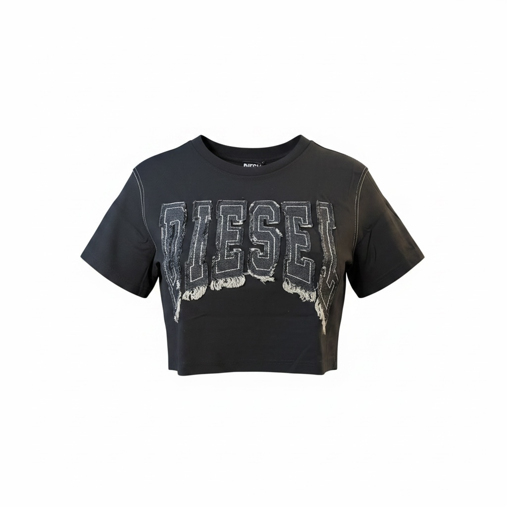 Camiseta Crop Diesel Mujer con Logo Denim Desgastado – Negro y Gris Ceniza