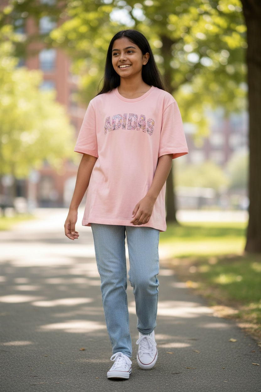 Camiseta Adidas Niña Rosa con Logo Floral – Estilo Casual Deportivo