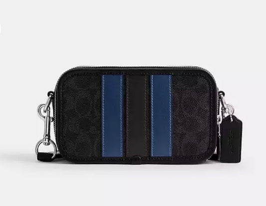 Coach Bandolera Crossbody Doble Compartimento Signature Negra con Detalles Azules