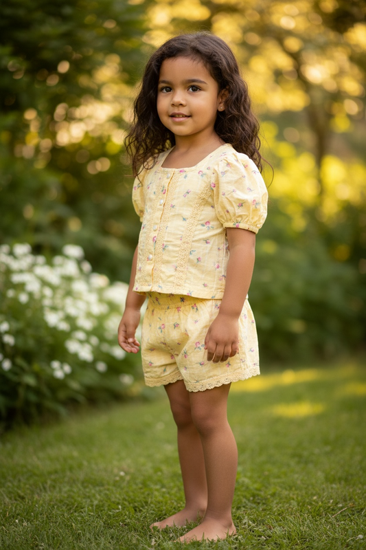 Conjunto 2 Piezas Niña Lemon Kiss Amarillo Floral (Blusa + Short Falda) Talla 4