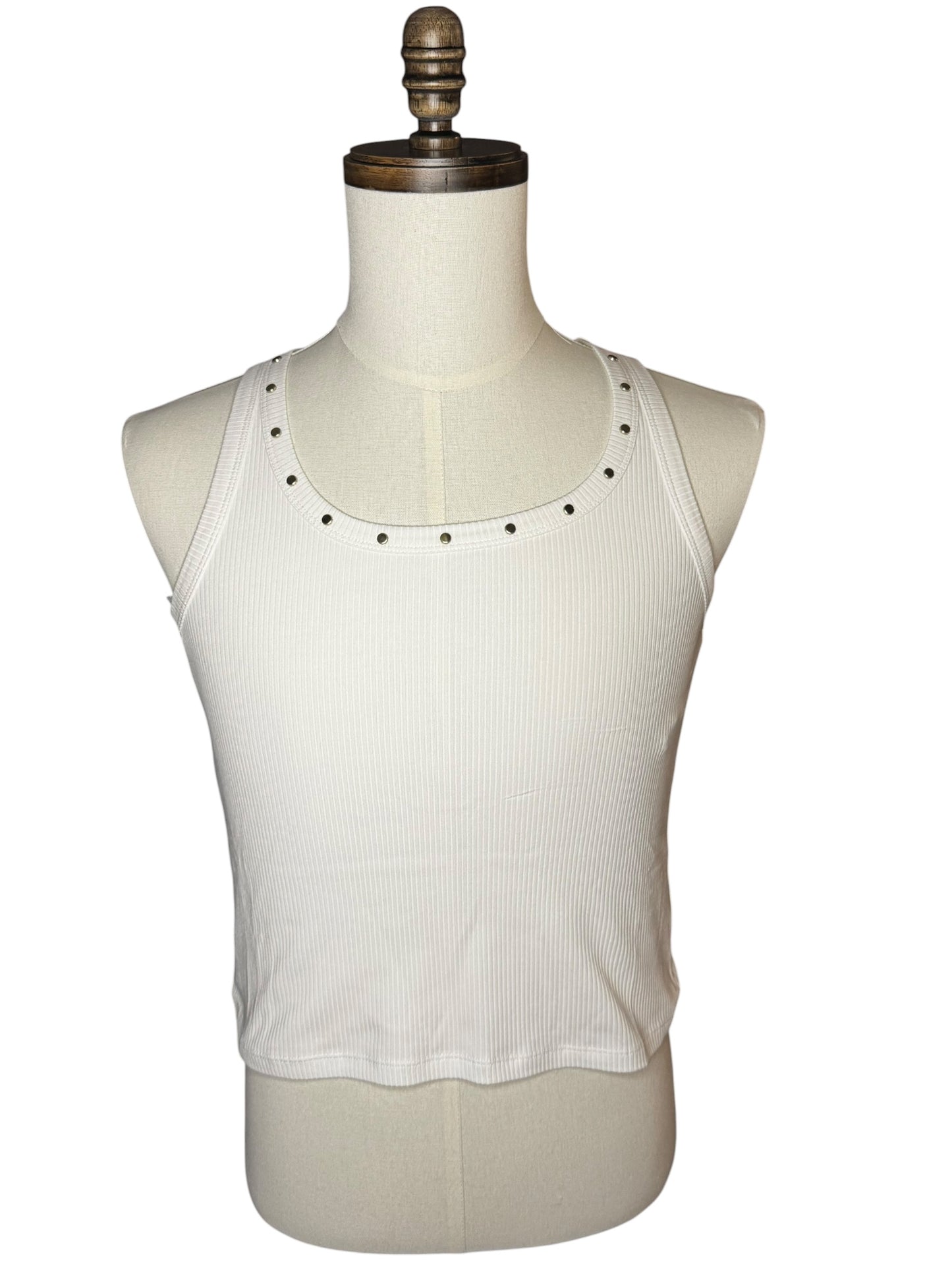 Franelilla Tipo Tank Top Michael Kors Blanca Acanalada con Detalles Metálicos para Mujer