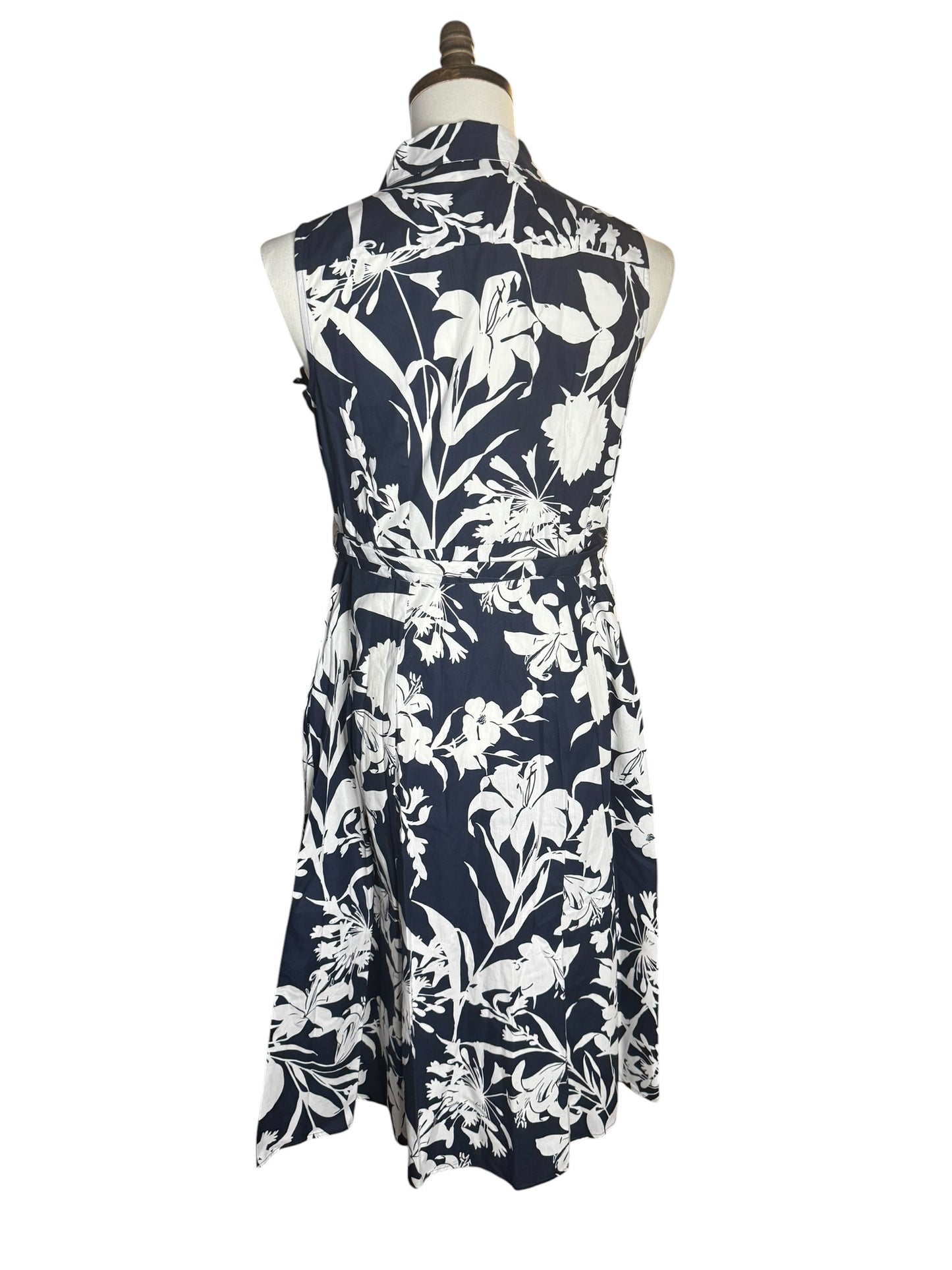 Vestido Calvin Klein Floral Azul Marino y Blanco sin Mangas con Cinturón