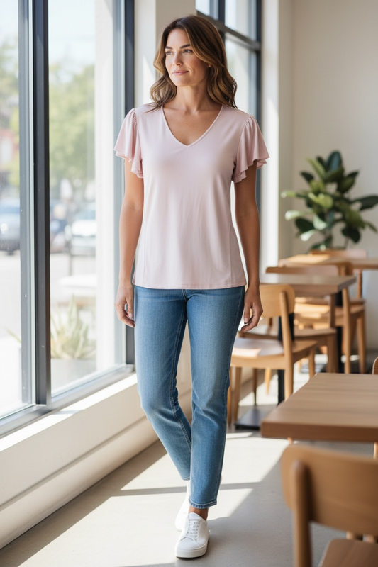 Blusa Calvin Klein Rosa Claro para Mujer con Cuello en V y Mangas con Volantes