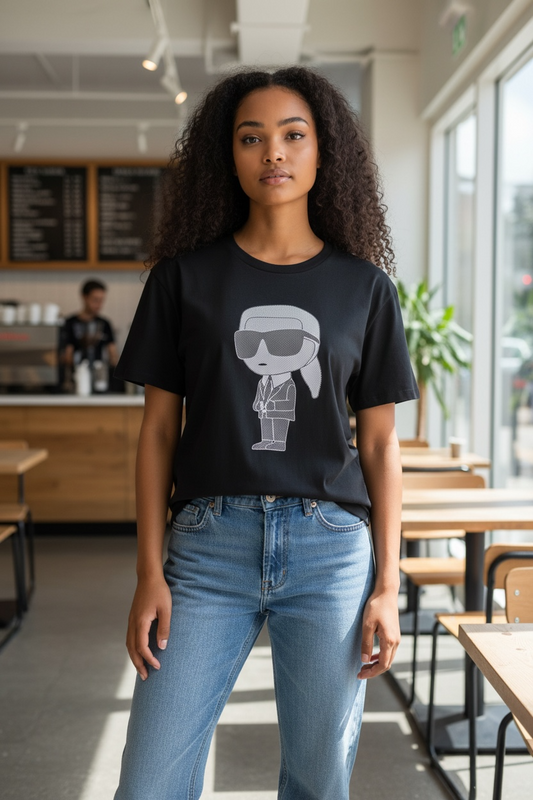 Camiseta negra para mujer Karl Lagerfeld con diseño gráfico del ícono Karl