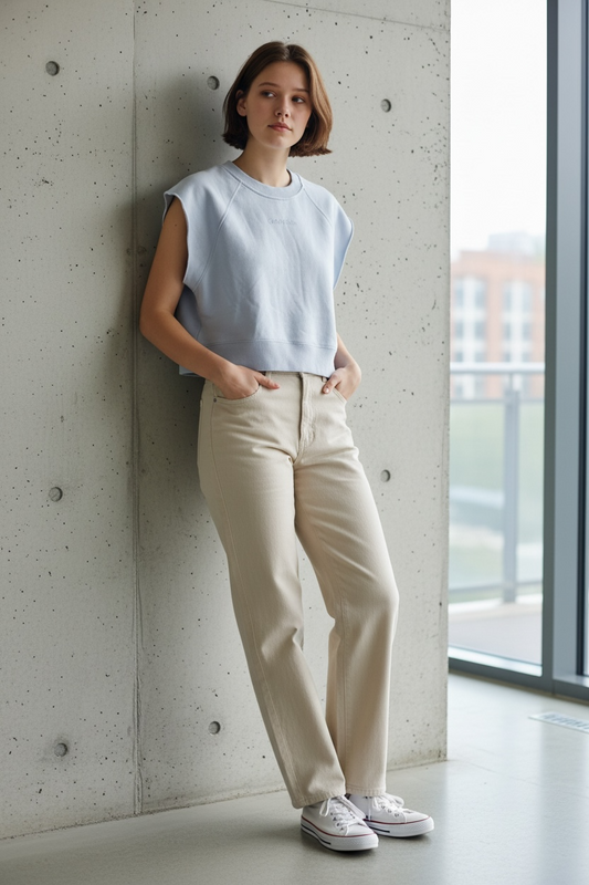 Camiseta Crop Performance Calvin Klein para Mujer – Sin Mangas, Azul Claro y Rosa Claro