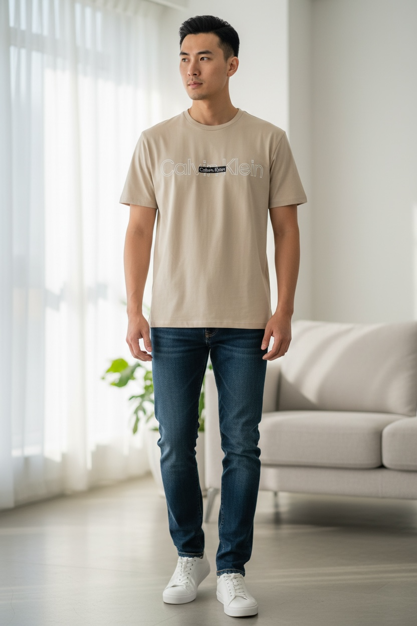 Camiseta Calvin Klein Beige Minimalista con Logo Frontal para Hombre