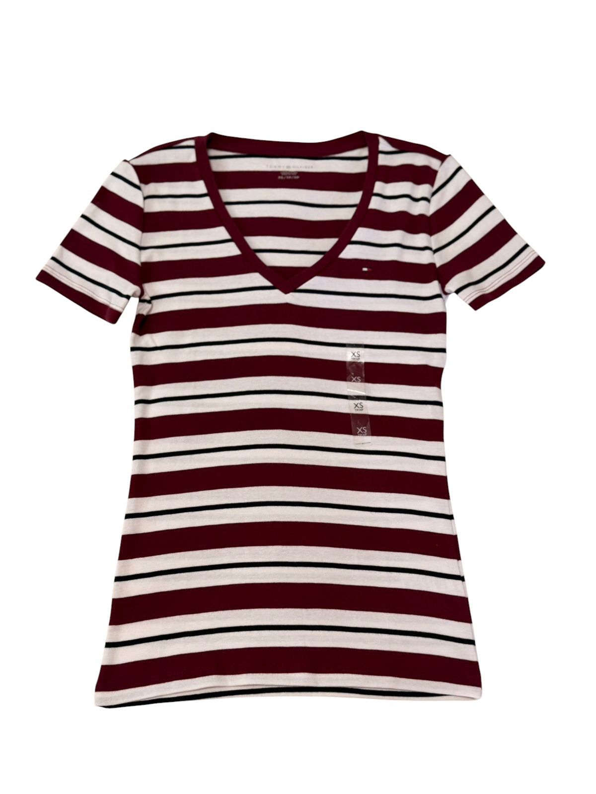 Camiseta Tommy Hilfiger de Rayas Cuello en V Burdeos y Blanca para Mujer