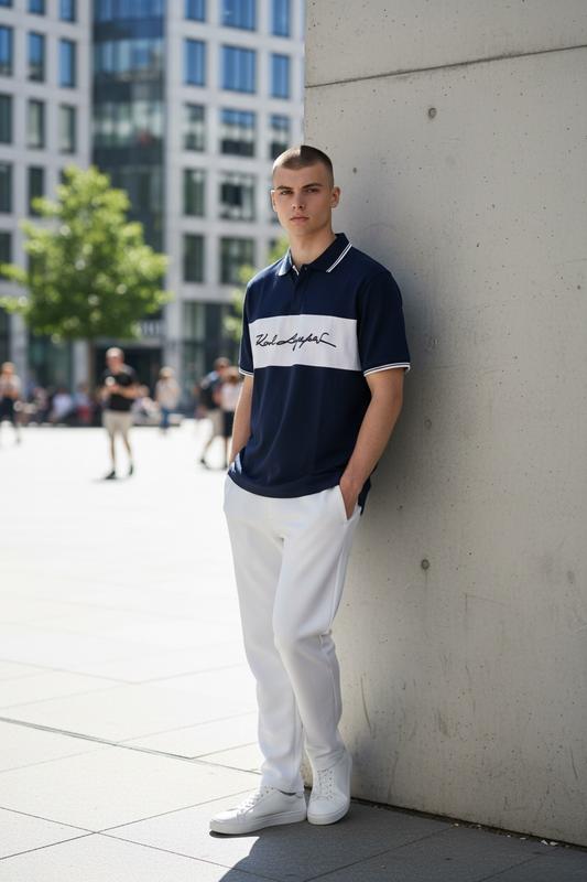 Polo azul para hombre Karl Lagerfeld con logo bordado en panel blanco