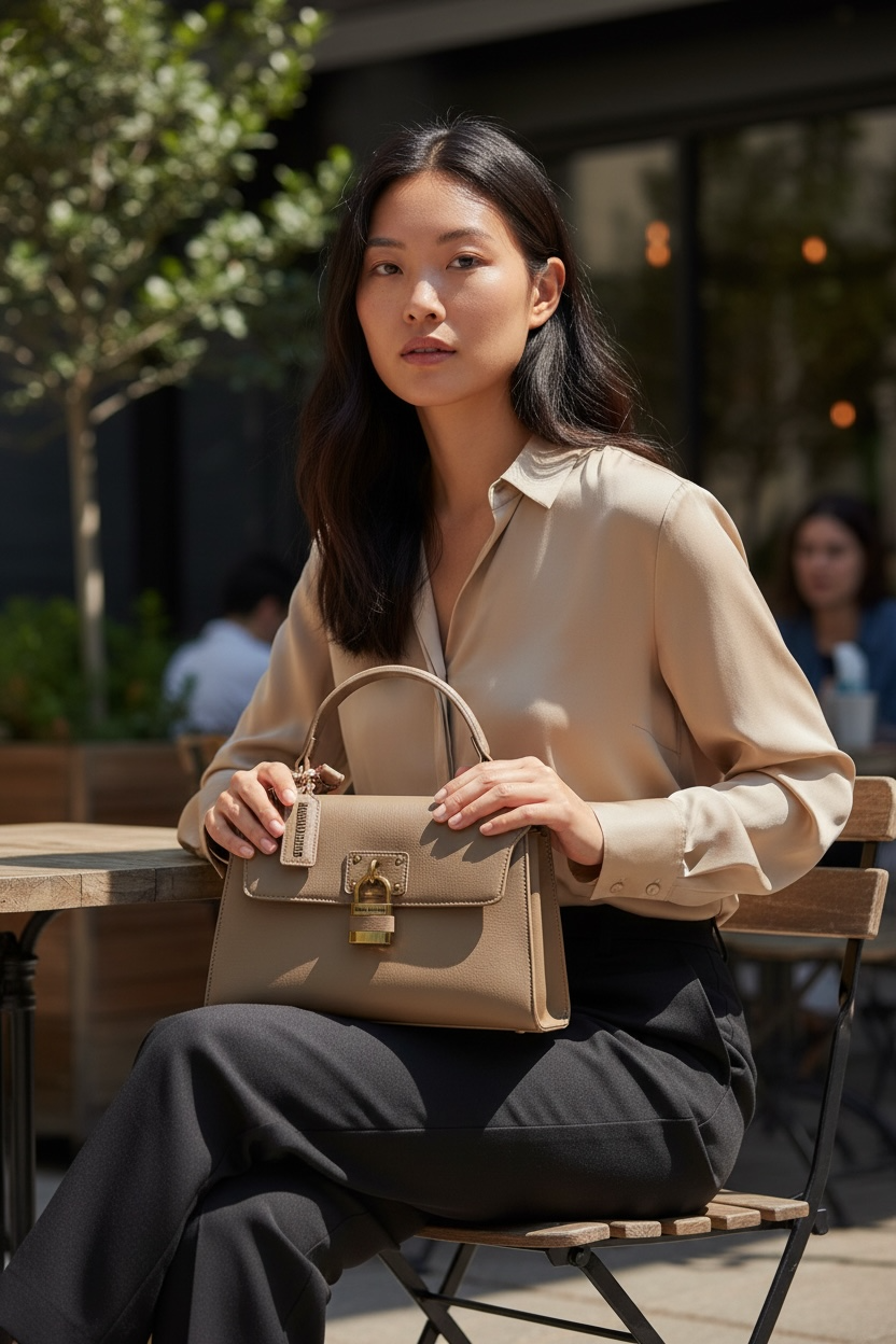 Bolso Satchel Steve Madden Bleo Lock Latte con Candado Decorativo