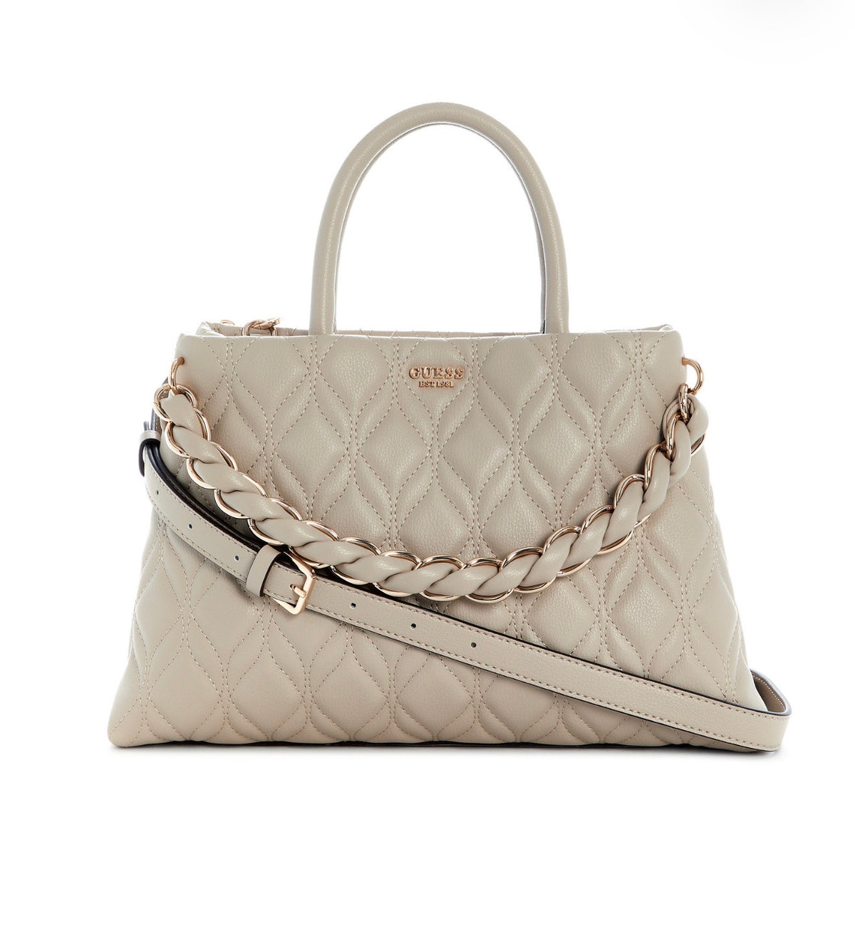 Bolso GUESS Satchel Grande Beige Acolchado con Cadena