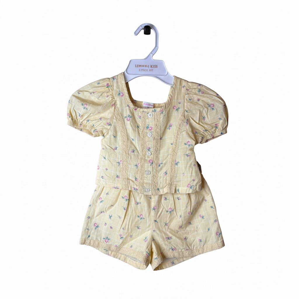 Conjunto 2 Piezas Niña Lemon Kiss Amarillo Floral (Blusa + Short Falda) Talla 4