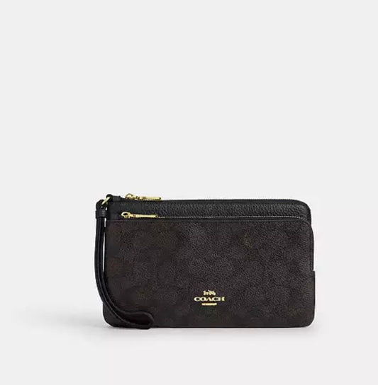Coach Double Zip Wallet Signature Canvas Café Oscuro y Negro – Billetera de Mano con Correa