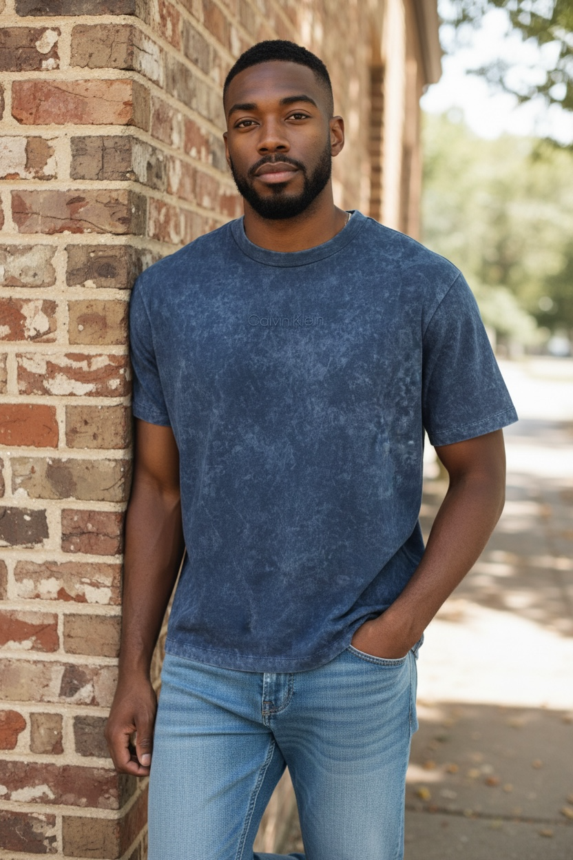 Camiseta Calvin Klein para Hombre Azul Efecto Lavado con Logo Bordado