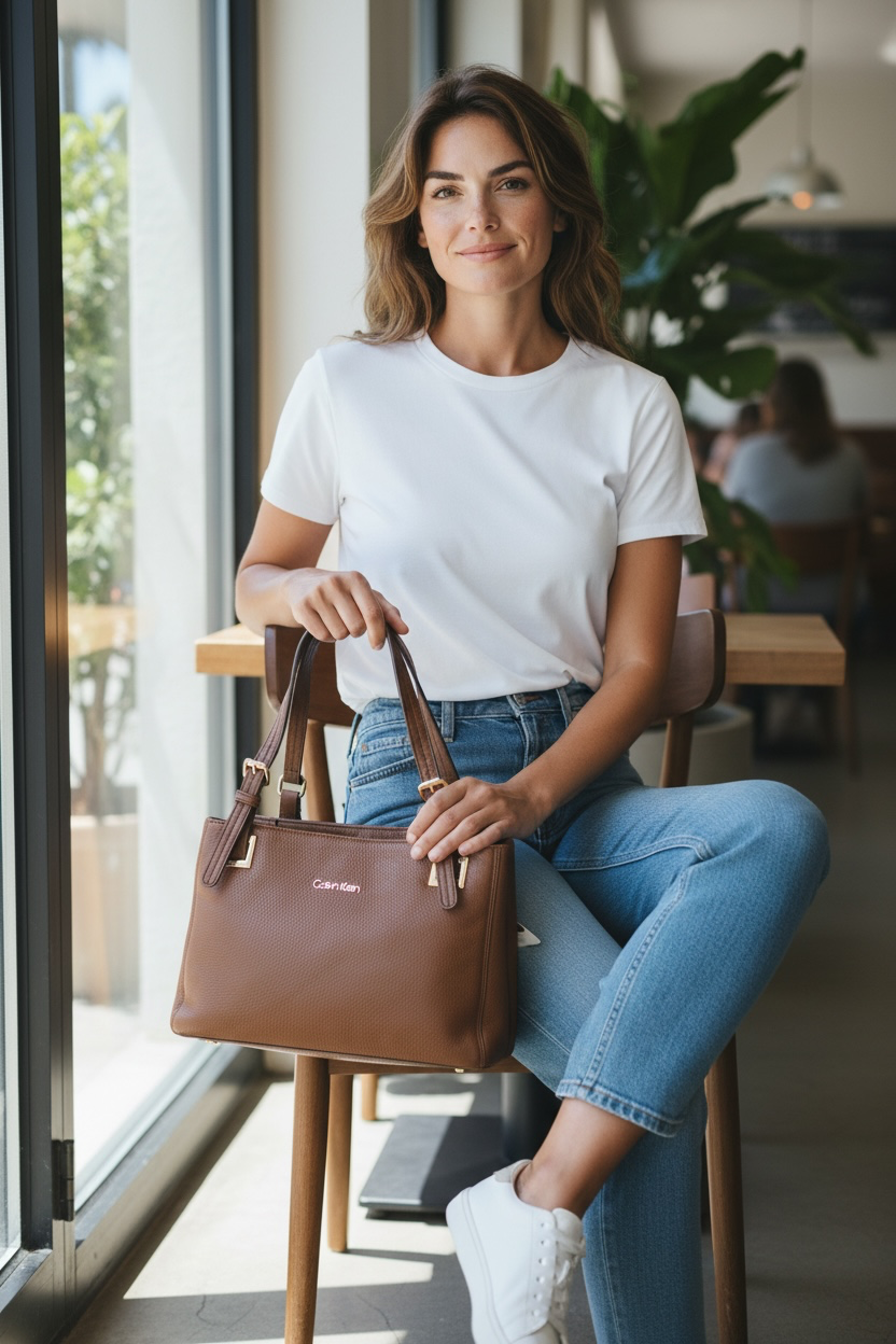 Bolso de Hombro Calvin Klein en Cuero Granulado Café