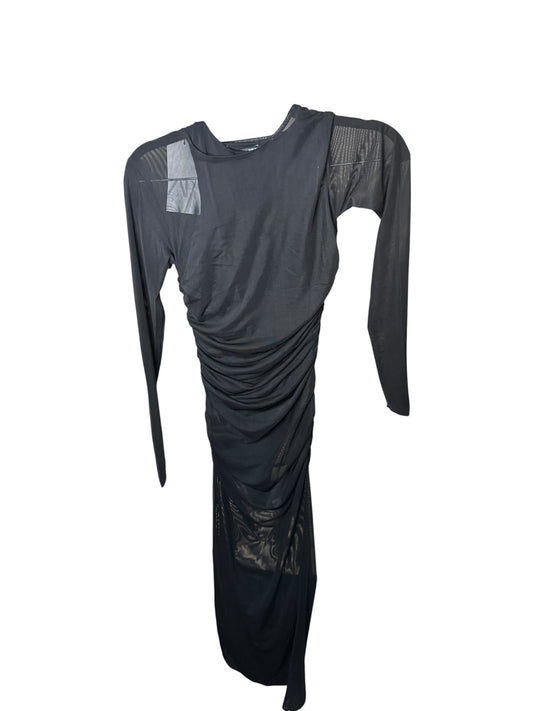 Vestido Zara Negro Fruncido de Manga Larga en Jersey Transparente