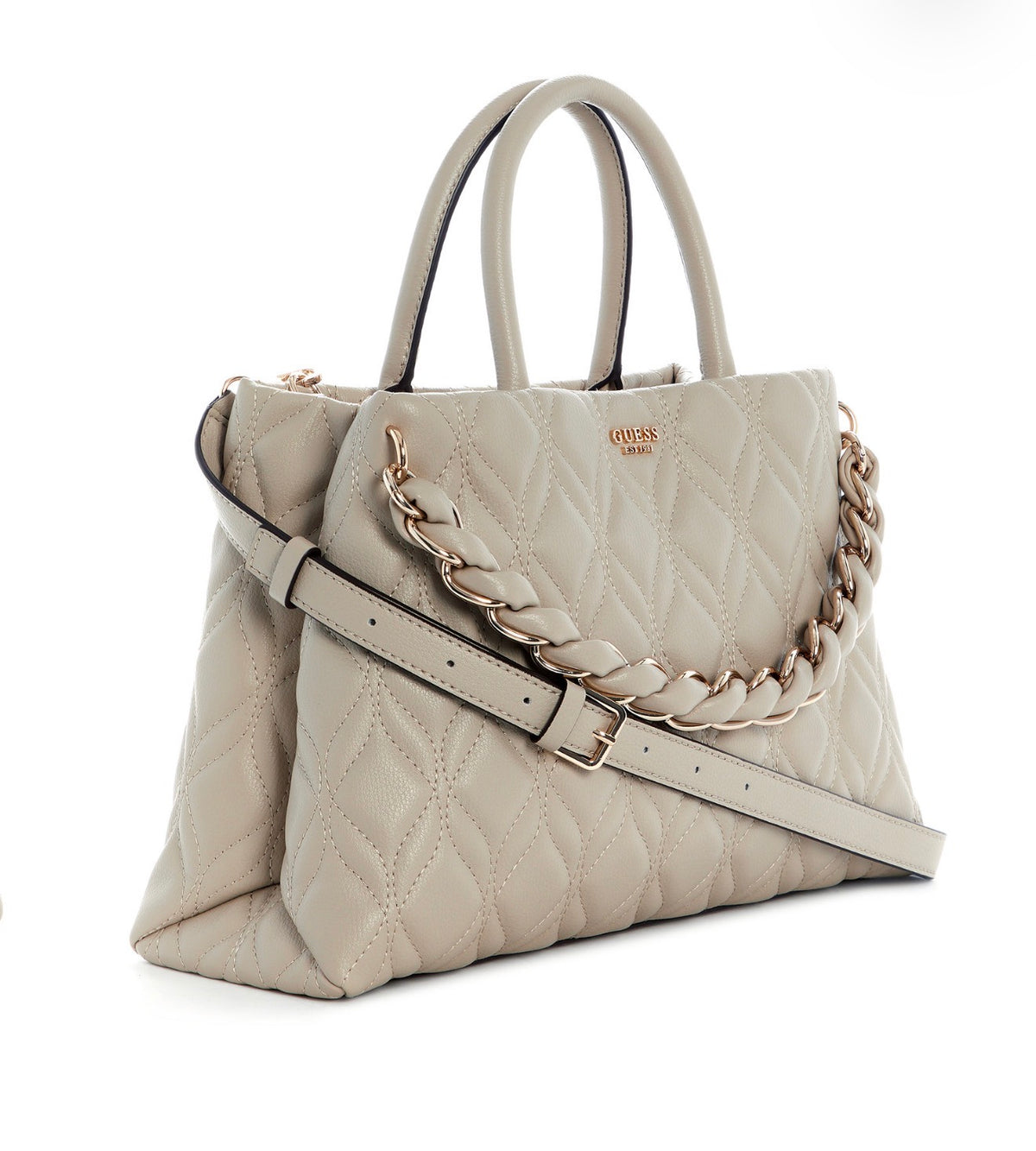 Bolso GUESS Satchel Grande Beige Acolchado con Cadena