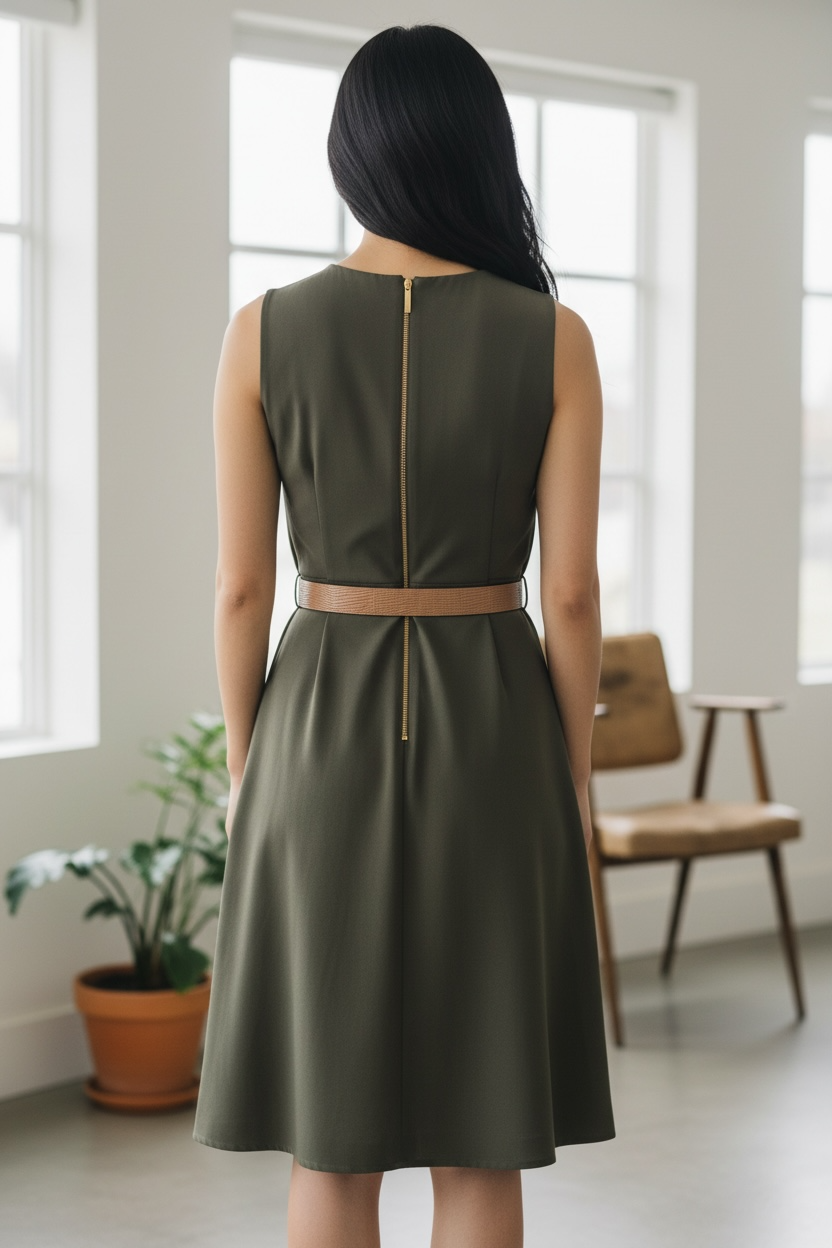 Vestido Calvin Klein Verde Oliva con Cinturón Texturizado Café para Mujer – Talla 8