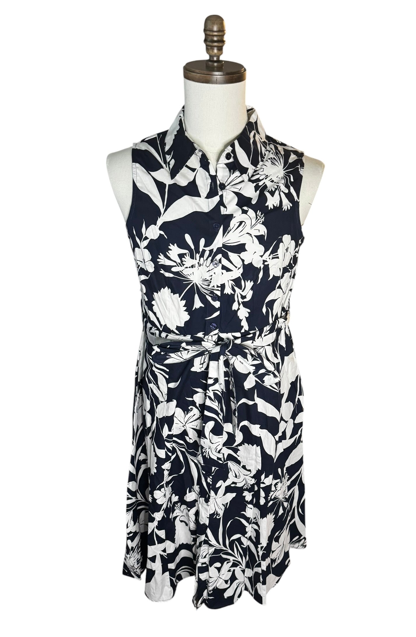 Vestido Calvin Klein Floral Azul Marino y Blanco sin Mangas con Cinturón