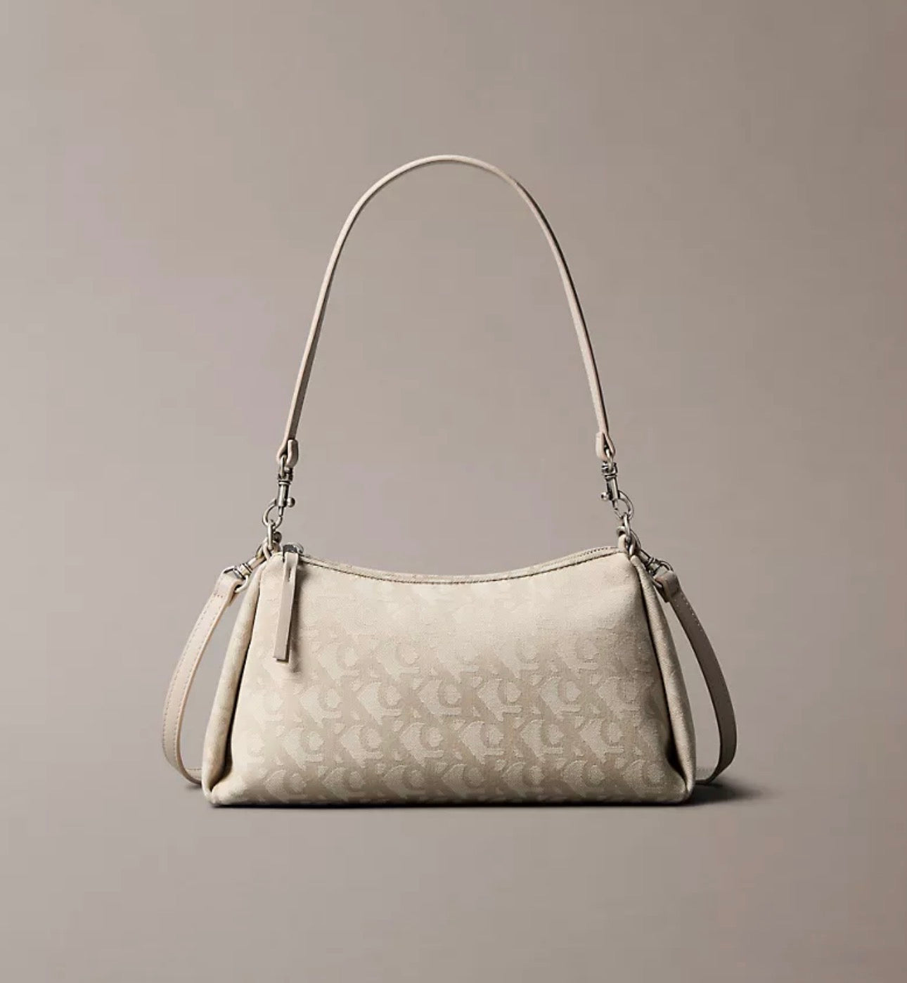 Bolso de Hombro Calvin Klein Pleat Monogram Logo Beige Convertible