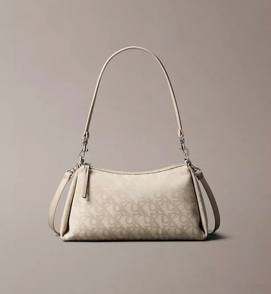 Bolso de Hombro Calvin Klein Pleat Monogram Logo Beige Convertible