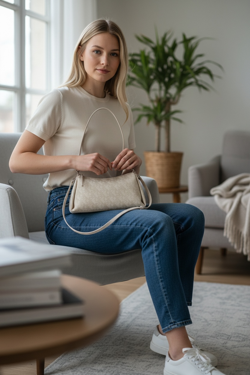 Bolso de Hombro Calvin Klein Pleat Monogram Logo Beige Convertible