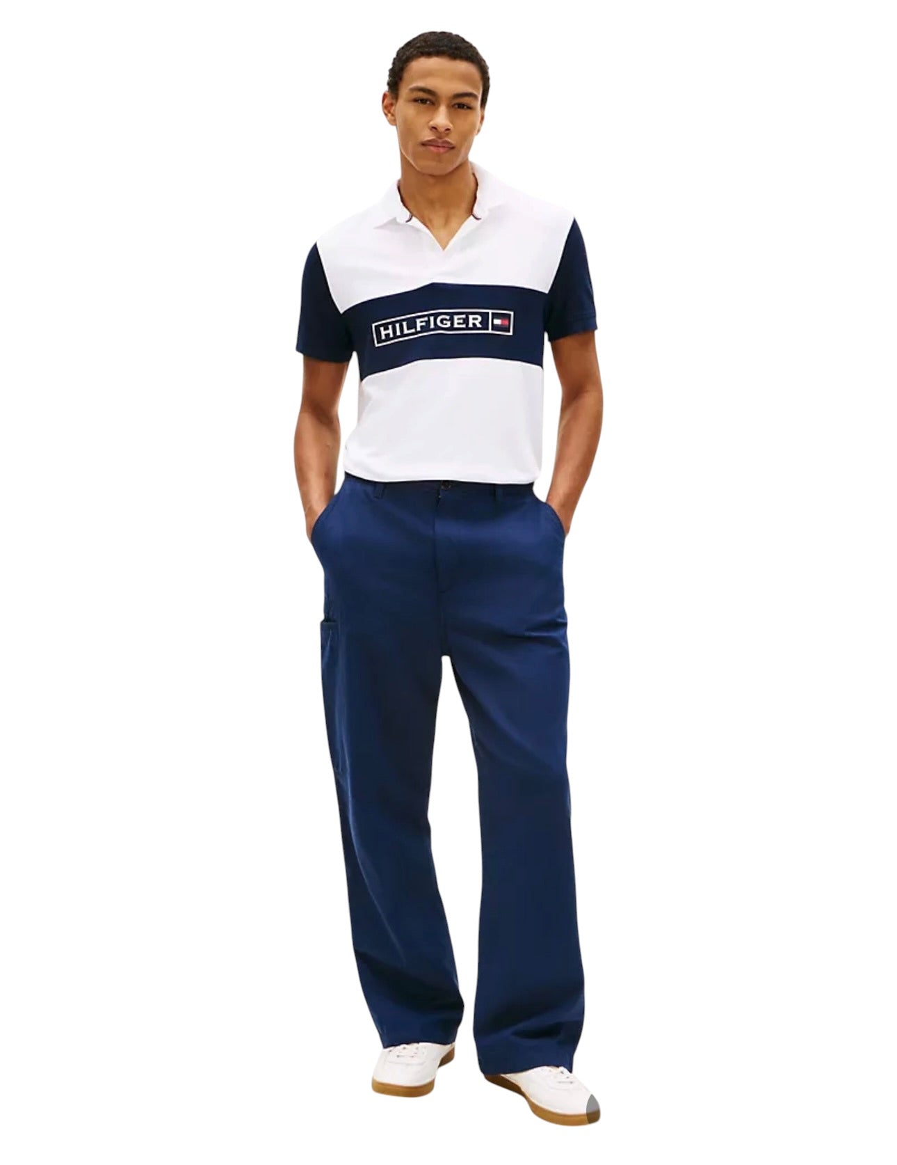 Polo Tommy Hilfiger Regular Fit Wicking Piqué Blanco y Azul Marino Hombre – Talla L