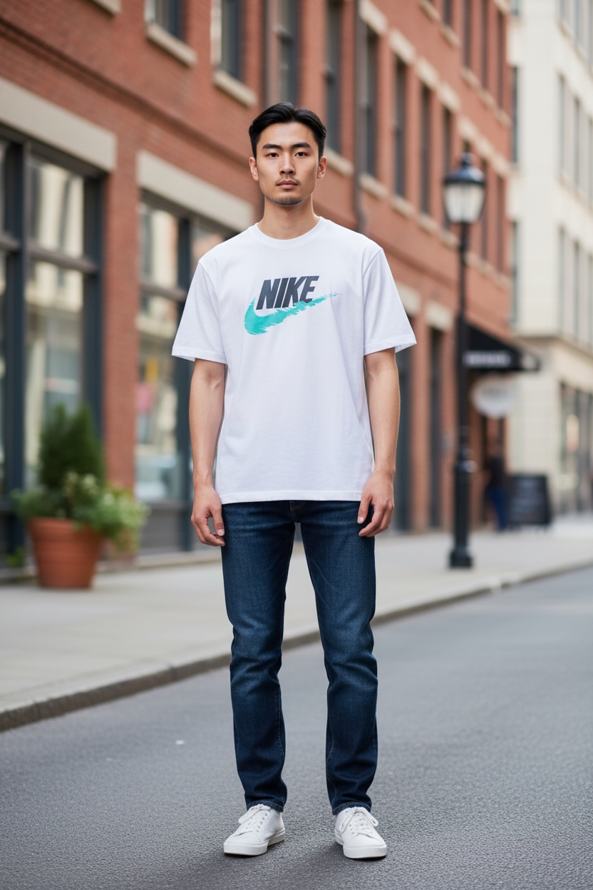 Camiseta Nike para Hombre Blanca con Logo Grande y Swoosh Turquesa