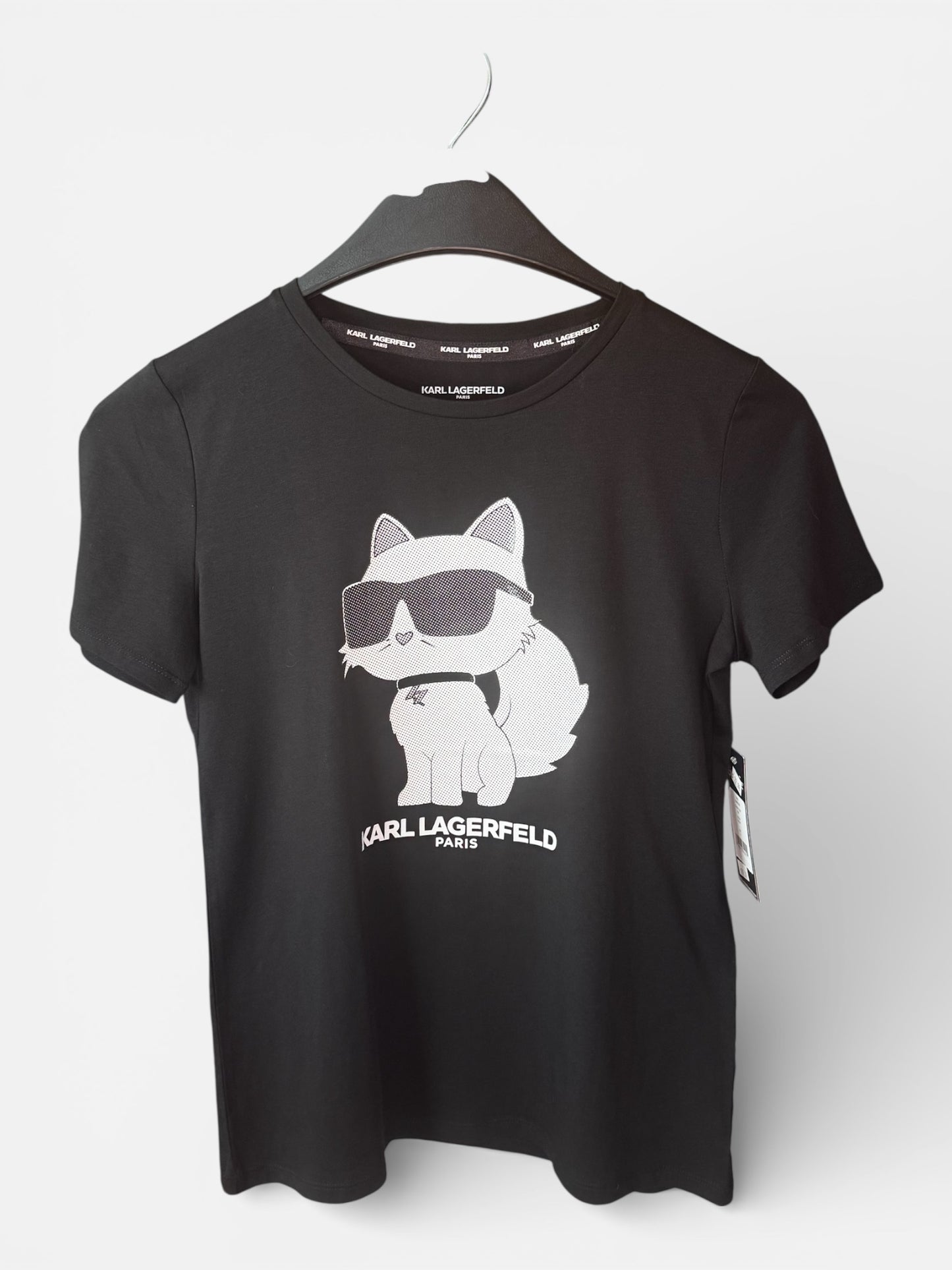 Camiseta Karl Lagerfeld negra para mujer con diseño del gato Choupette