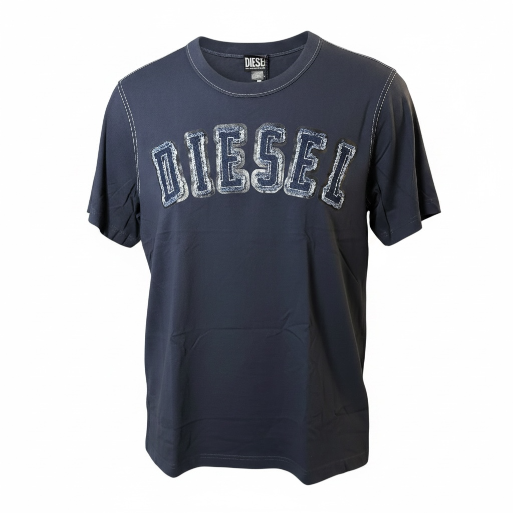 Camiseta Diesel Hombre Azul Midnight con Logo Denim Desgastado – Edición Premium