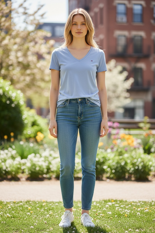 Camiseta Tommy Hilfiger Cuello en V Azul Cielo para Mujer