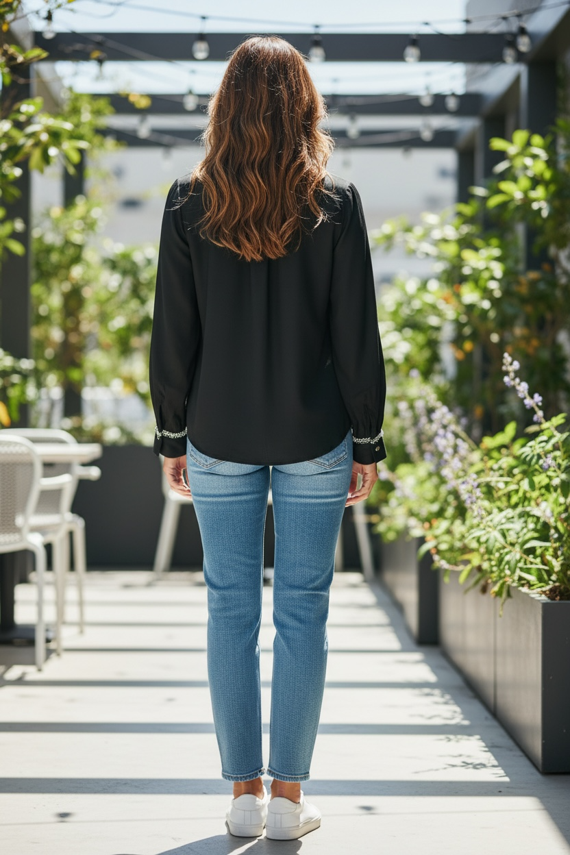 Blusa Karl Lagerfeld Negra Elegante con Detalles Decorativos para Mujer