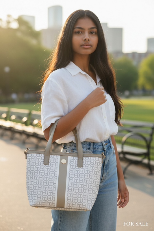 Bolso Tommy Hilfiger Mujer Blanco y Beige con Monograma – Tote Elegante