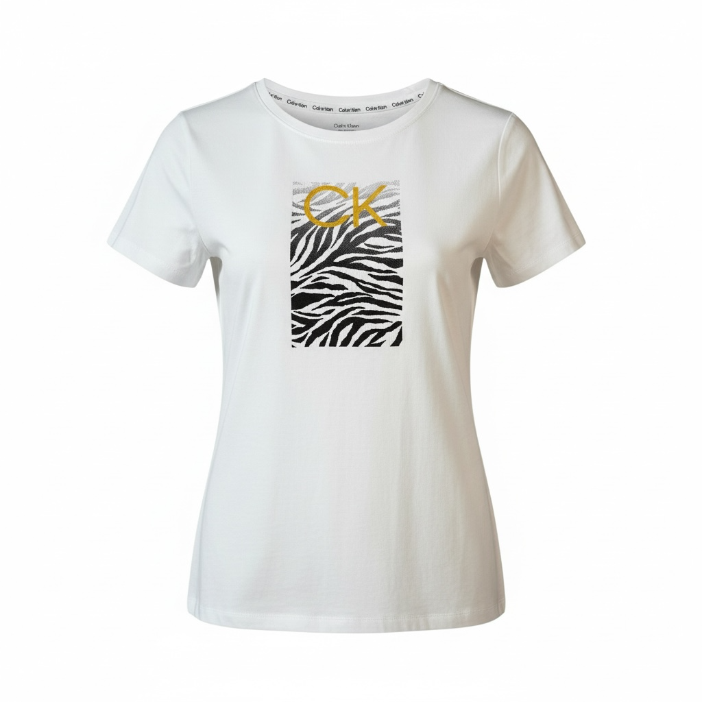 Camiseta Calvin Klein Blanca para Mujer con Logo CK y Estampado Zebra