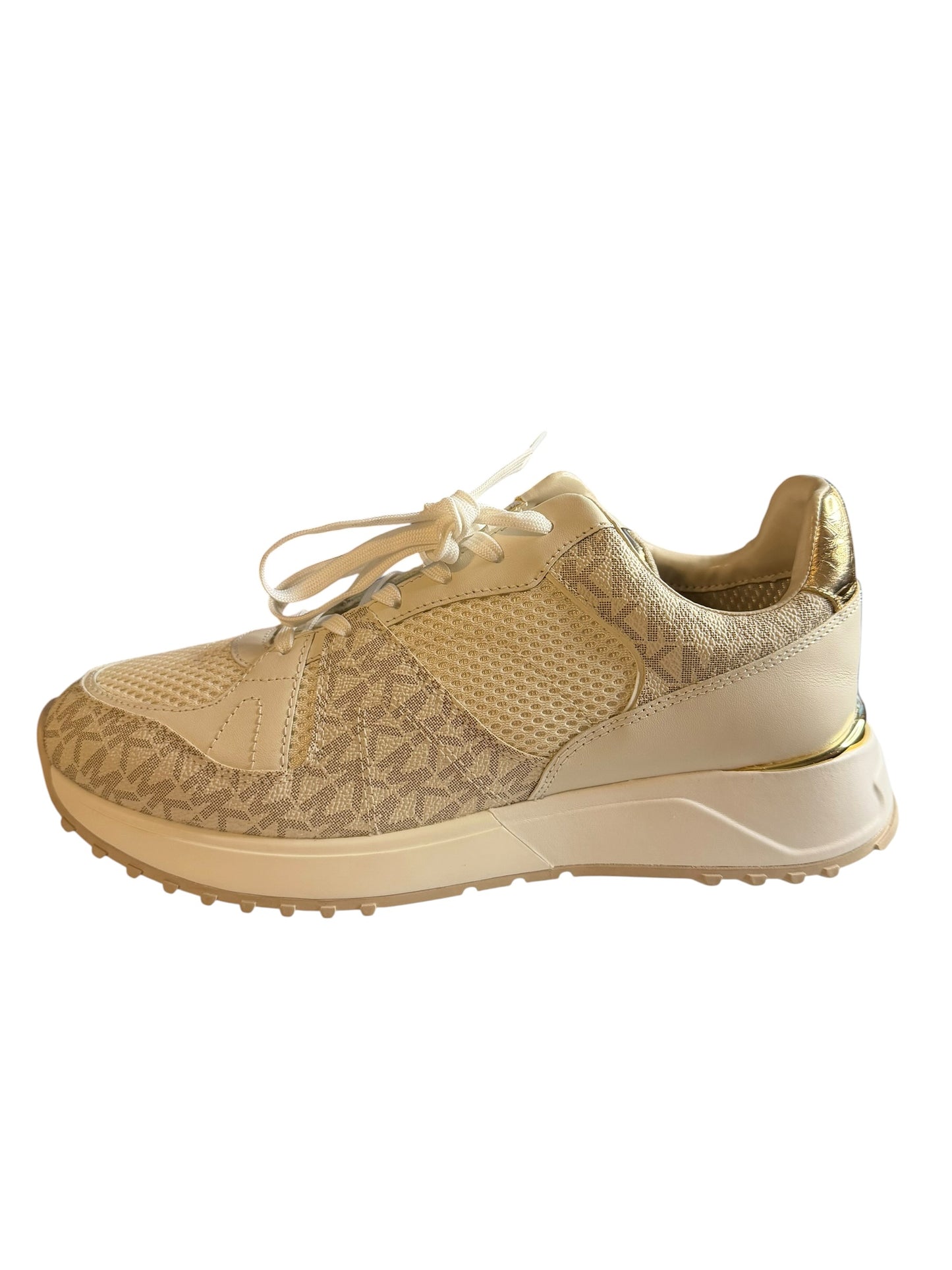 Tenis Michael Kors para Mujer Blancos con Monograma MK y Detalles Dorados – Talla 10 US