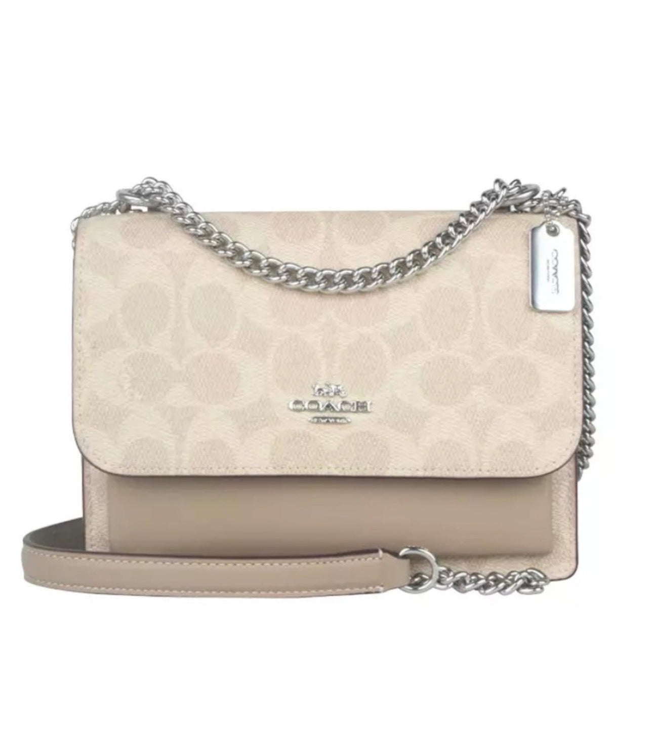 Coach Mini Klare Crossbody Signature Canvas Arena/Taupe con Cadena Plateada