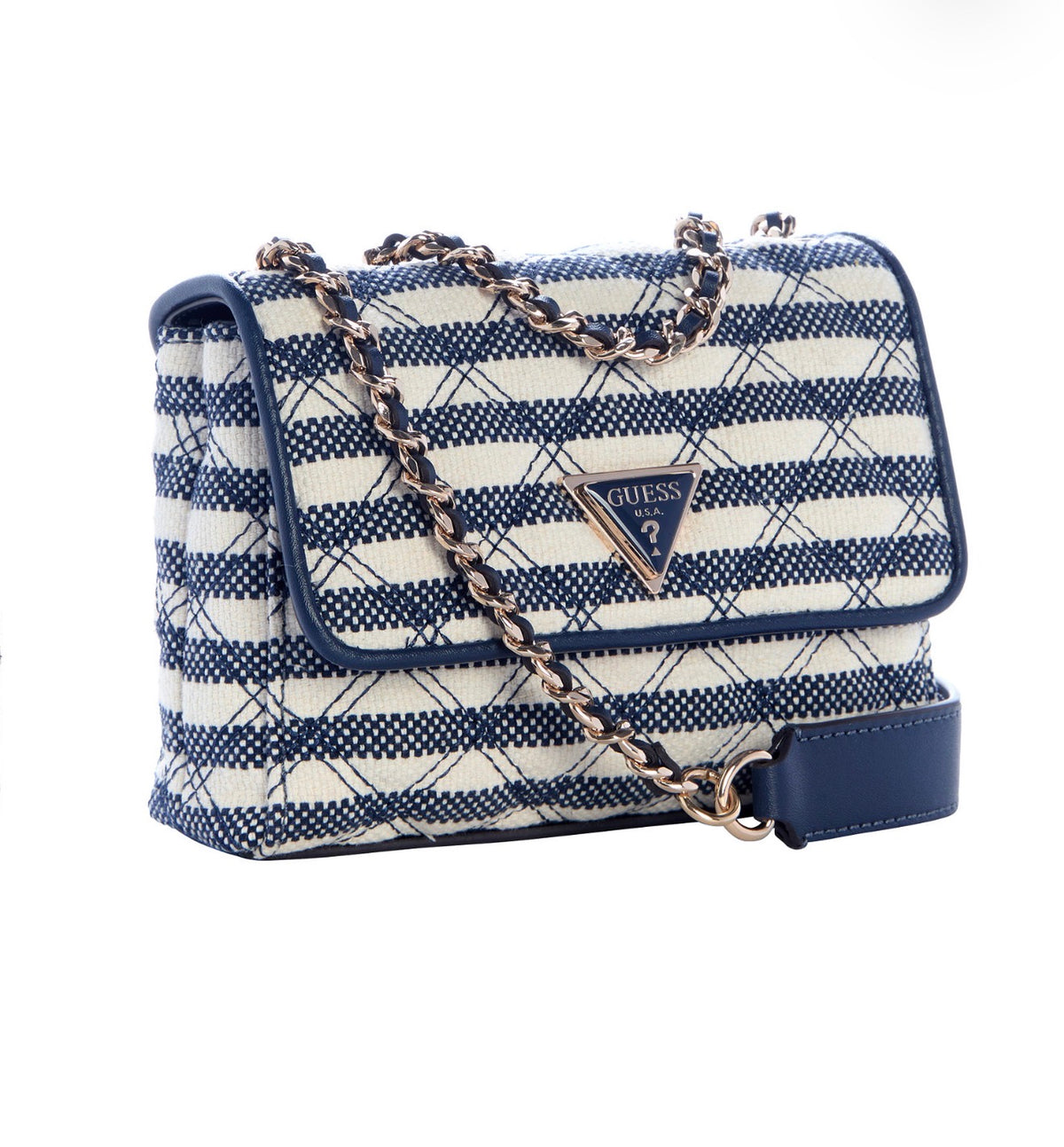 Bolso Mini GUESS Giully II Crossbody a Rayas Azul y Crema