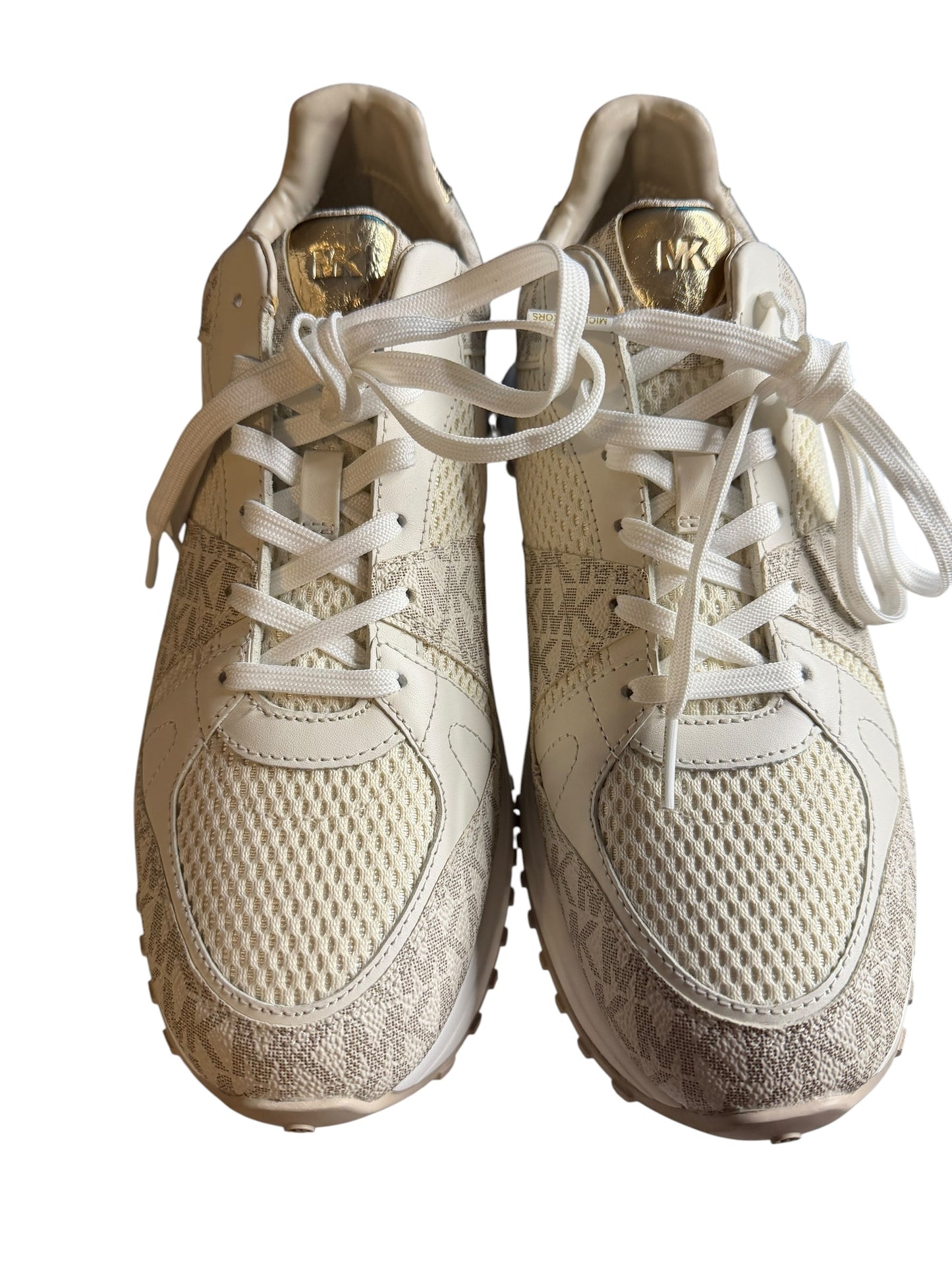 Tenis Michael Kors para Mujer Blancos con Monograma MK y Detalles Dorados – Talla 10 US