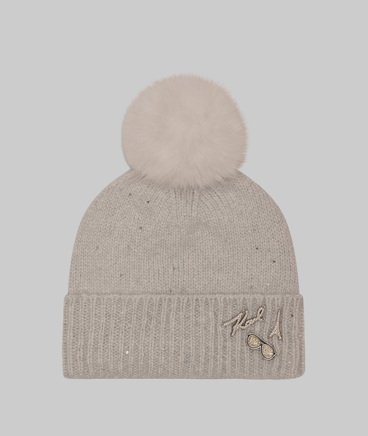 Gorro Karl Lagerfeld para Mujer Gris con Pom Pom y Detalles Brillantes