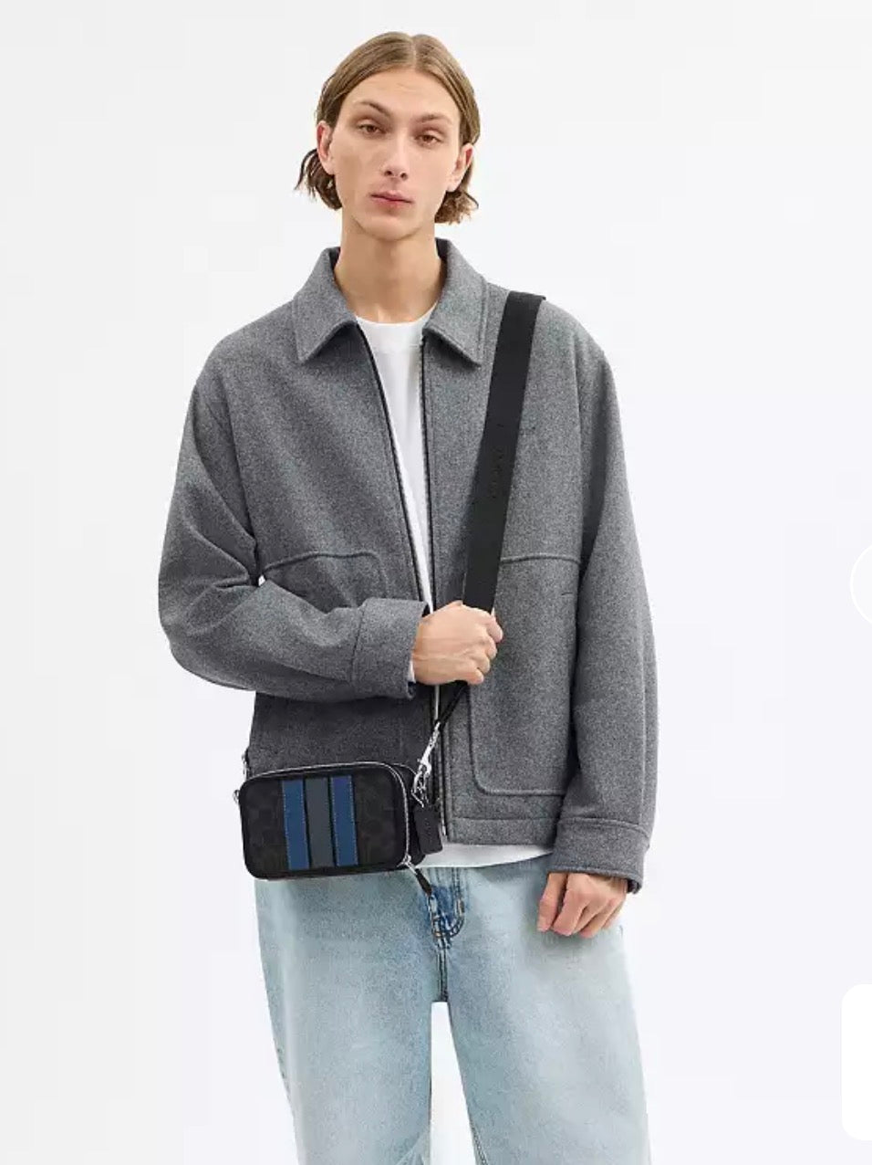 Coach Bandolera Crossbody Doble Compartimento Signature Negra con Detalles Azules