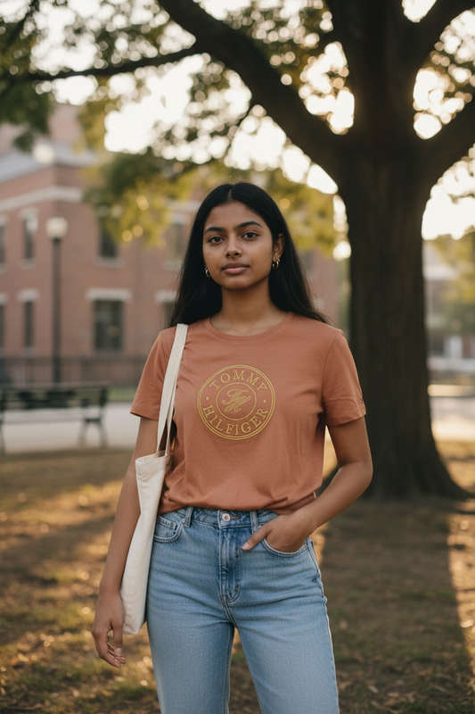 Camiseta Tommy Hilfiger para Mujer Color Terracota con Logo Circular Dorado