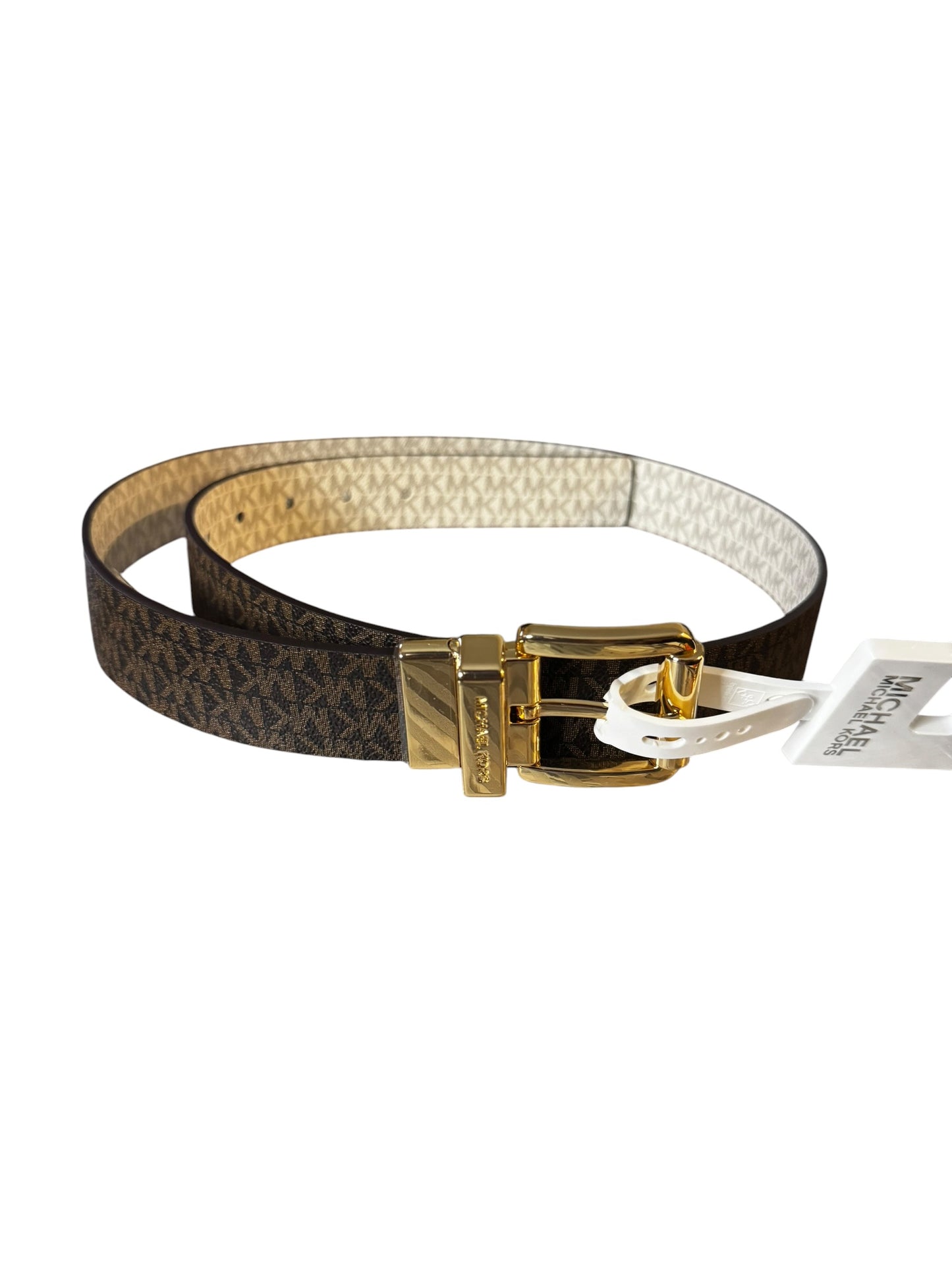 Cinturón Reversible Michael Kors MK Logo Café y Blanco con Hebilla Dorada