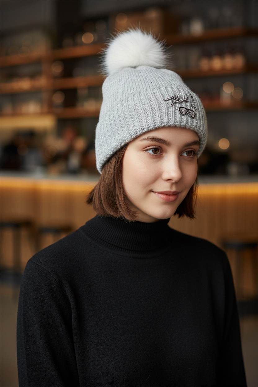Gorro Karl Lagerfeld para Mujer Gris con Pom Pom y Detalles Brillantes