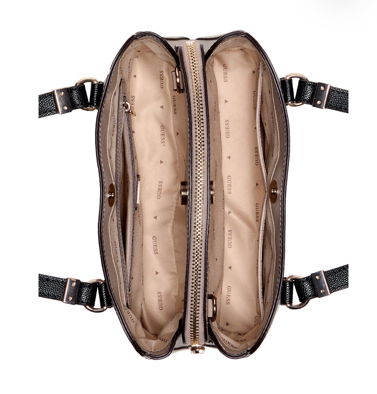 Bolso Satchel GUESS Lynda Beige con Detalles Negros