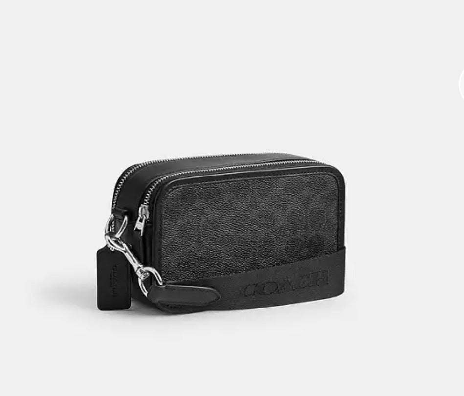 Coach Bandolera Crossbody Doble Compartimento Signature Negra con Detalles Azules