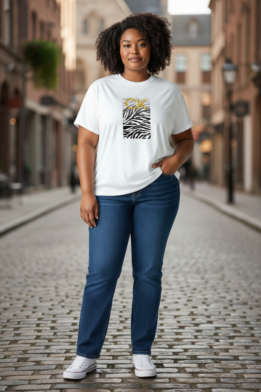 Camiseta Calvin Klein Blanca para Mujer con Logo CK y Estampado Zebra